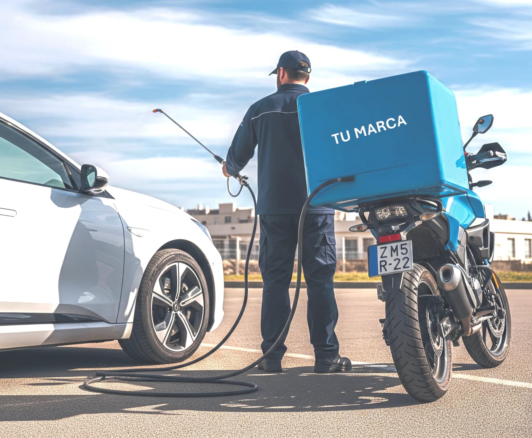 Operario de CarWash Domicilios lavando un vehículo a domicilio, con su moto de trabajo personalizada con tu marca