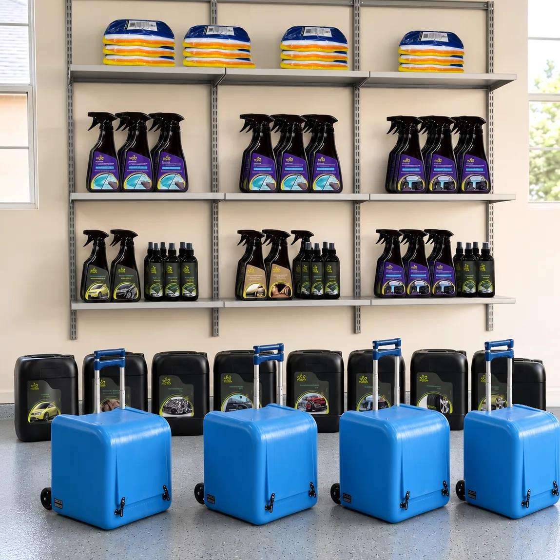 Almacén del emprendedor: 4 equipos HYDROBOX portátiles junto a envases de insumos UVA de 5 galones y estantería con productos de limpieza y paños