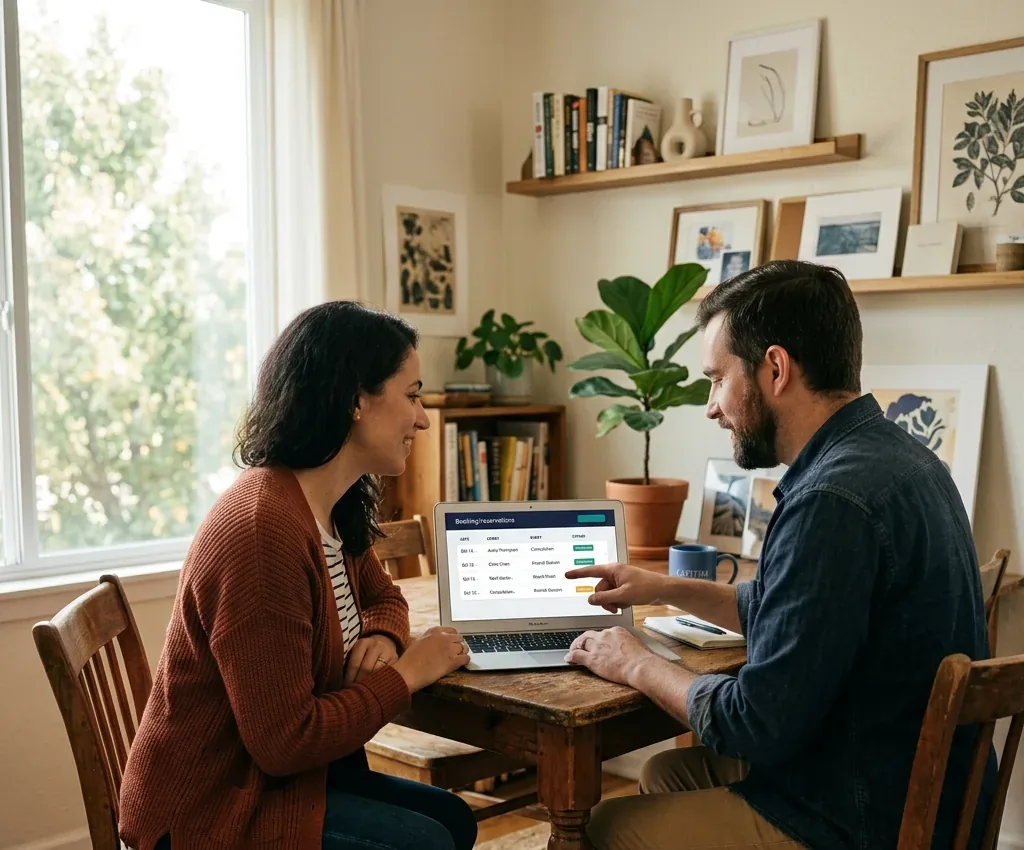 Pareja de emprendedores revisando la lista de reservas de su Car Wash móvil en el laptop, desde su espacio de trabajo en casa